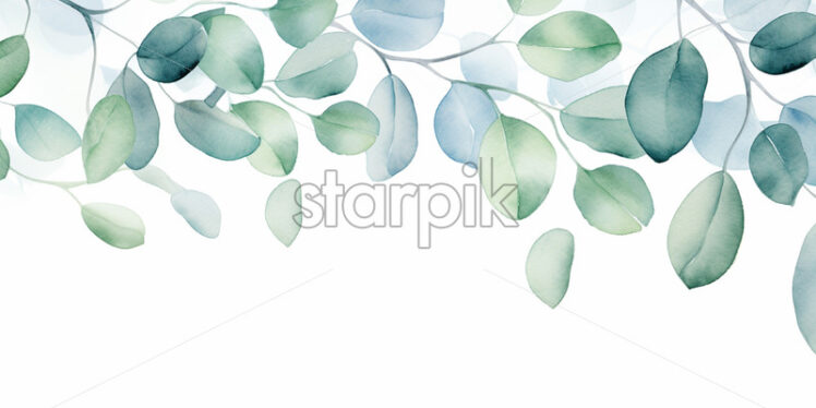 Eucalyptus leaves on a white surface, painted in watercolor - Starpik Stock