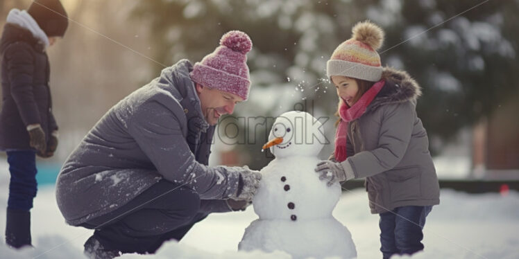 Family making snowman playing outdoors in winter time together - Starpik Stock