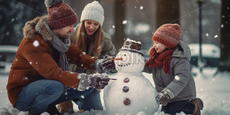 Family making snowman playing outdoors in winter time together - Starpik Stock