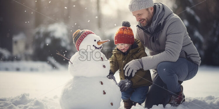 Family making snowman playing outdoors in winter time together - Starpik Stock