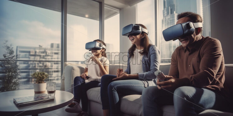 Family playing together with VR glasses at home - Starpik Stock