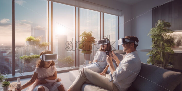 Family playing together with VR glasses at home - Starpik Stock