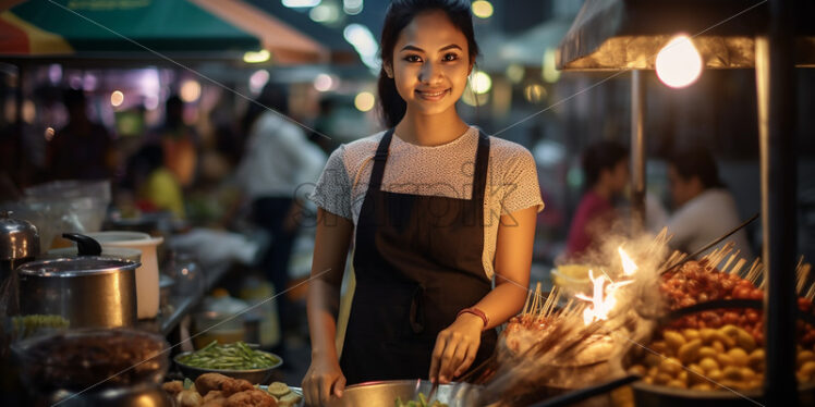 Female Thai's Vendor in the street of Bangkok look so adorable while preparing the meat on stick and vegetable on stick  - Starpik Stock