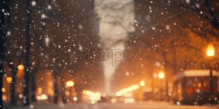 Flakes fall in the city, blurred background - Starpik Stock