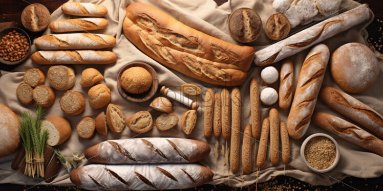 Fresh baked baguettes big set on rustic table - Starpik Stock