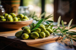 Fresh green olives on a wooden table - Starpik Stock