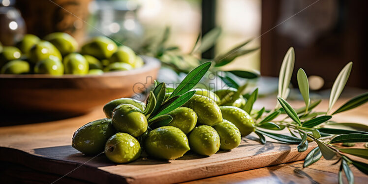 Fresh green olives on a wooden table - Starpik Stock