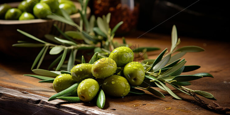 Fresh green olives on a wooden table - Starpik Stock