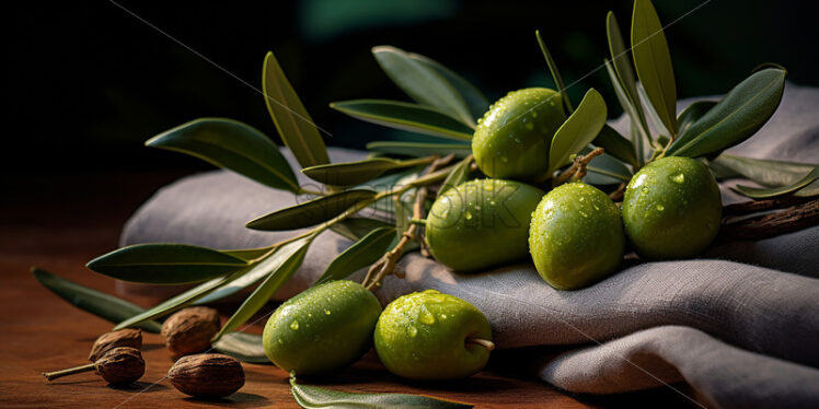 Fresh green olives on a wooden table - Starpik Stock