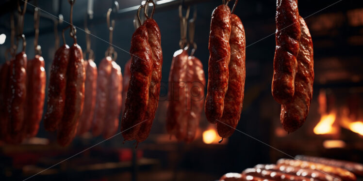 Fresh sausages hanging - Starpik Stock