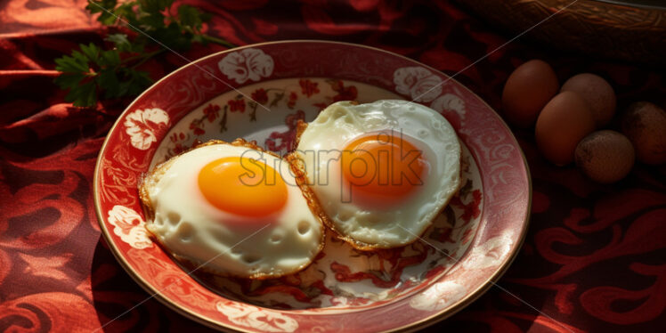 Fried eggs on a plate, facing the red table - Starpik Stock