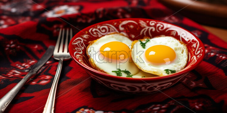 Fried eggs on a plate, facing the red table - Starpik Stock