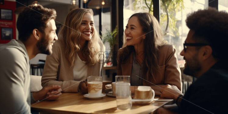 Friends at a coffee smiling and talking - Starpik Stock