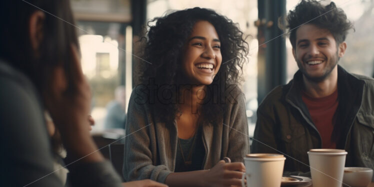 Friends at a coffee smiling and talking - Starpik Stock