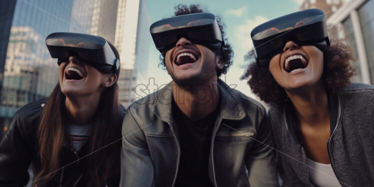 Friends with VR glasses having fun outdoors - Starpik Stock