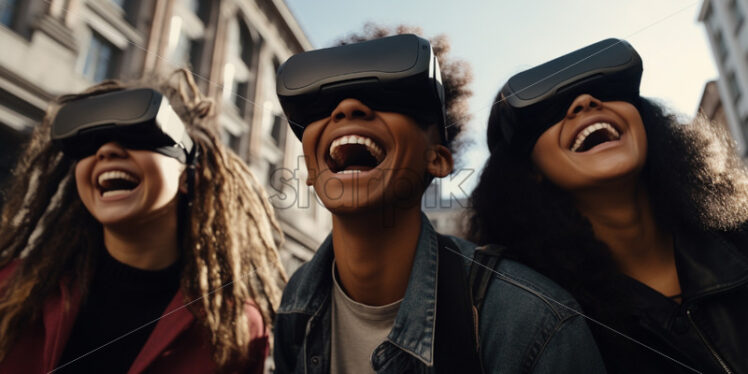 Friends with VR glasses having fun outdoors - Starpik Stock