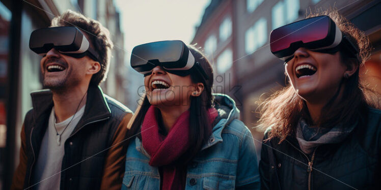 Friends with vr glasses having fun outdoors - Starpik Stock