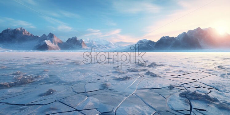 Frozen lake view of sunrise in the mountains - Starpik Stock