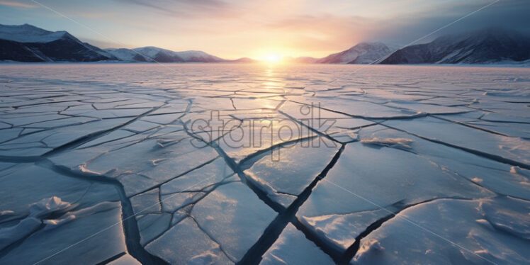 Frozen lake view of sunrise in the mountains - Starpik Stock