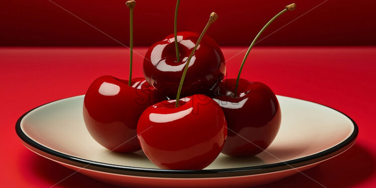 Generative AI 4 ripe cherries on a white plate on a red background - Starpik Stock