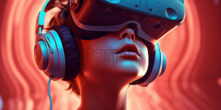 Generative AI Boy wearing VR and music headset over the red background - Starpik Stock