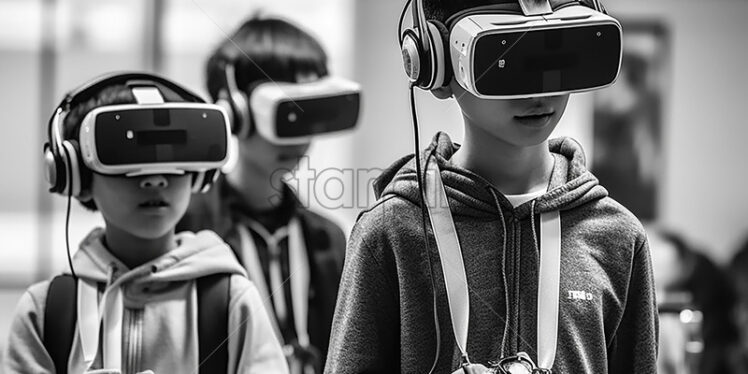 Generative AI Boys wearing VR and music headset over the classroom background in black and white color - Starpik Stock
