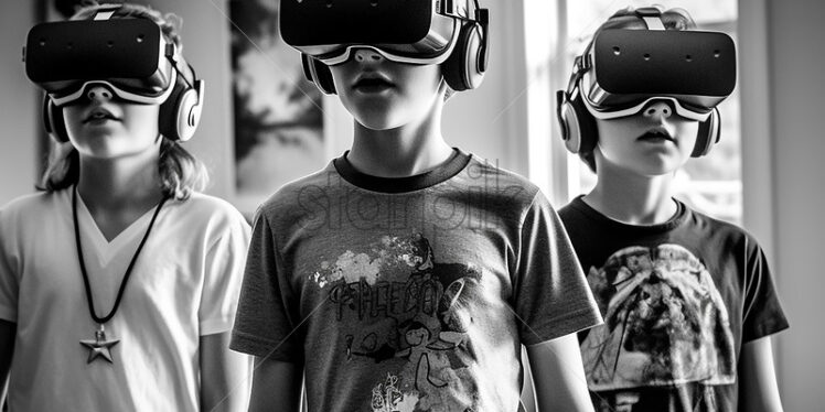 Generative AI Boys wearing VR and music headset over the classroom background in black and white color - Starpik Stock