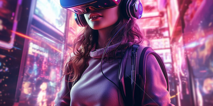 Generative AI Girl wearing VR and music headset on the background of a futuristic city colored in purple and red colors - Starpik Stock