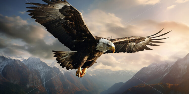 Generative AI a bald eagle flying over a prairie - Starpik Stock