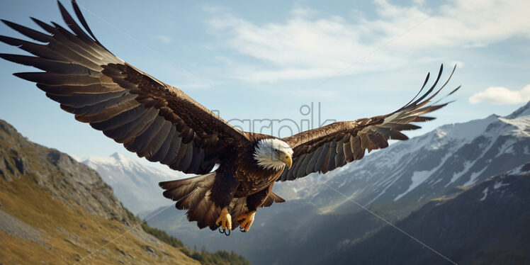 Generative AI a bald eagle flying over a prairie - Starpik Stock