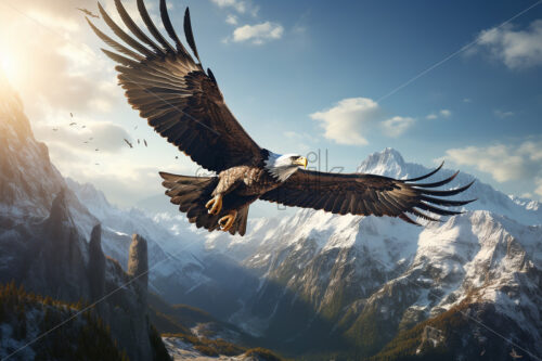 Generative AI a bald eagle flying over a prairie - Starpik Stock