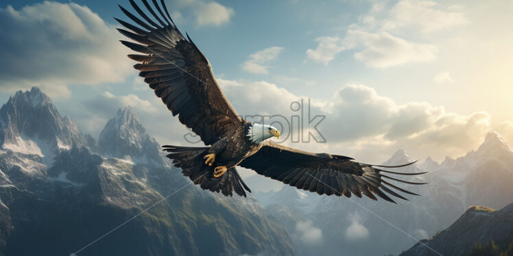 Generative AI a bald eagle flying over a prairie - Starpik Stock