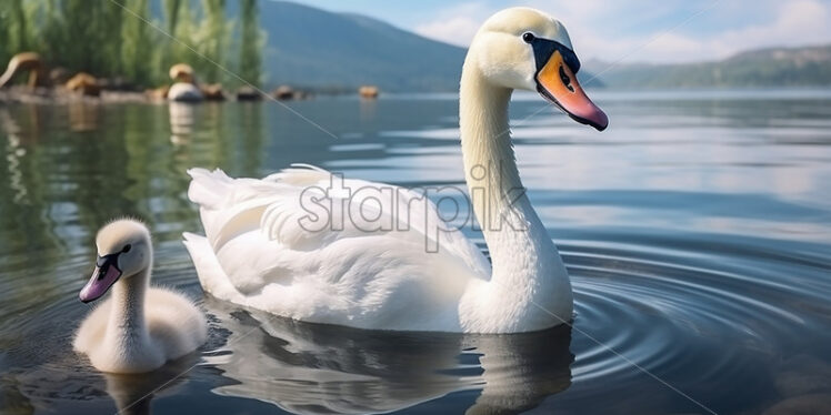 Generative AI a beautiful white swan with her young on the lake - Starpik Stock