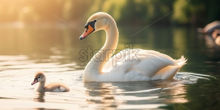 Generative AI a beautiful white swan with her young on the lake - Starpik Stock