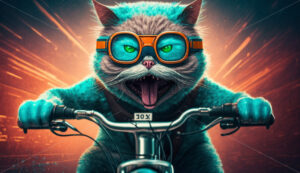 Generative AI a blue cat with glasses and a frowning face rides a bicycle - Starpik Stock