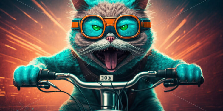 Generative AI a blue cat with glasses and a frowning face rides a bicycle - Starpik Stock