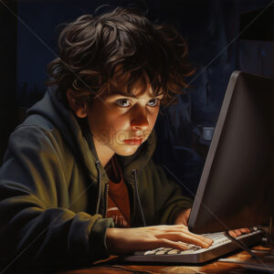 Generative AI a boy playing on the computer being very focused - Starpik Stock