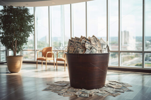 Generative AI a bucket full of paper money a bucket full of paper money lying on the floor in the office, in the background is the window and you can see the buildings of a cit - Starpik Stock