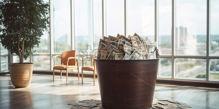 Generative AI a bucket full of paper money a bucket full of paper money lying on the floor in the office, in the background is the window and you can see the buildings of a cit - Starpik Stock