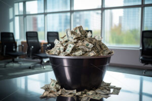 Generative AI a bucket full of paper money that is on a table in the office - Starpik Stock