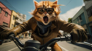 Generative AI a cat driving a motorcycle in the city - Starpik Stock