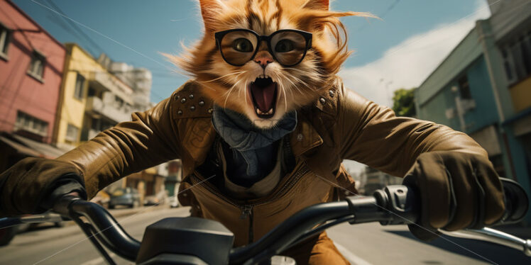 Generative AI a cat driving a motorcycle in the city - Starpik Stock