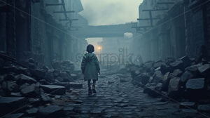 Generative AI a child walking on a destroyed street - Starpik Stock