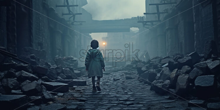 Generative AI a child walking on a destroyed street - Starpik Stock