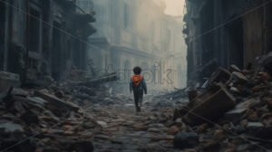 Generative AI a child walking on a destroyed street - Starpik Stock