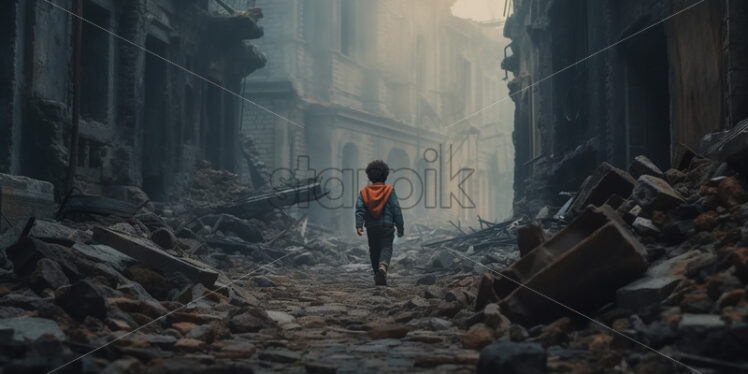 Generative AI a child walking on a destroyed street - Starpik Stock