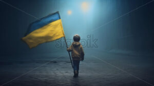 Generative AI a child with the Ukrainian flag on a street - Starpik Stock