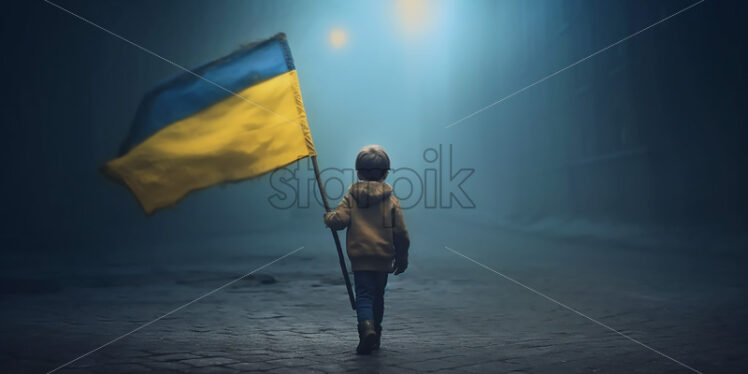 Generative AI a child with the Ukrainian flag on a street - Starpik Stock