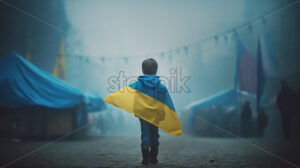 Generative AI a child with the Ukrainian flag on a street - Starpik Stock