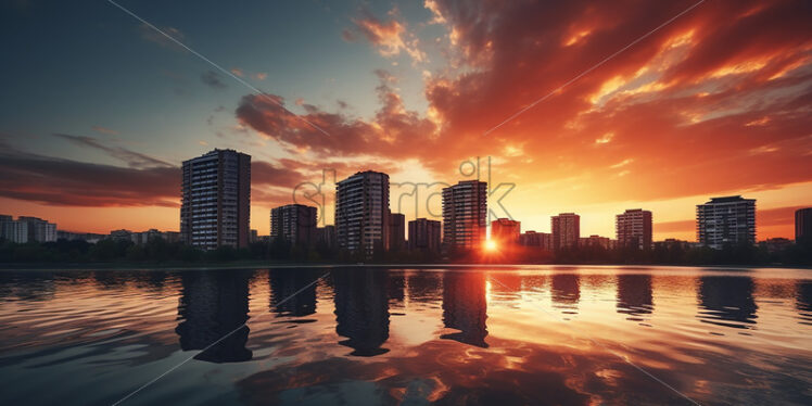 Generative AI a city located on the shore of a lake and the sunset in the background - Starpik Stock